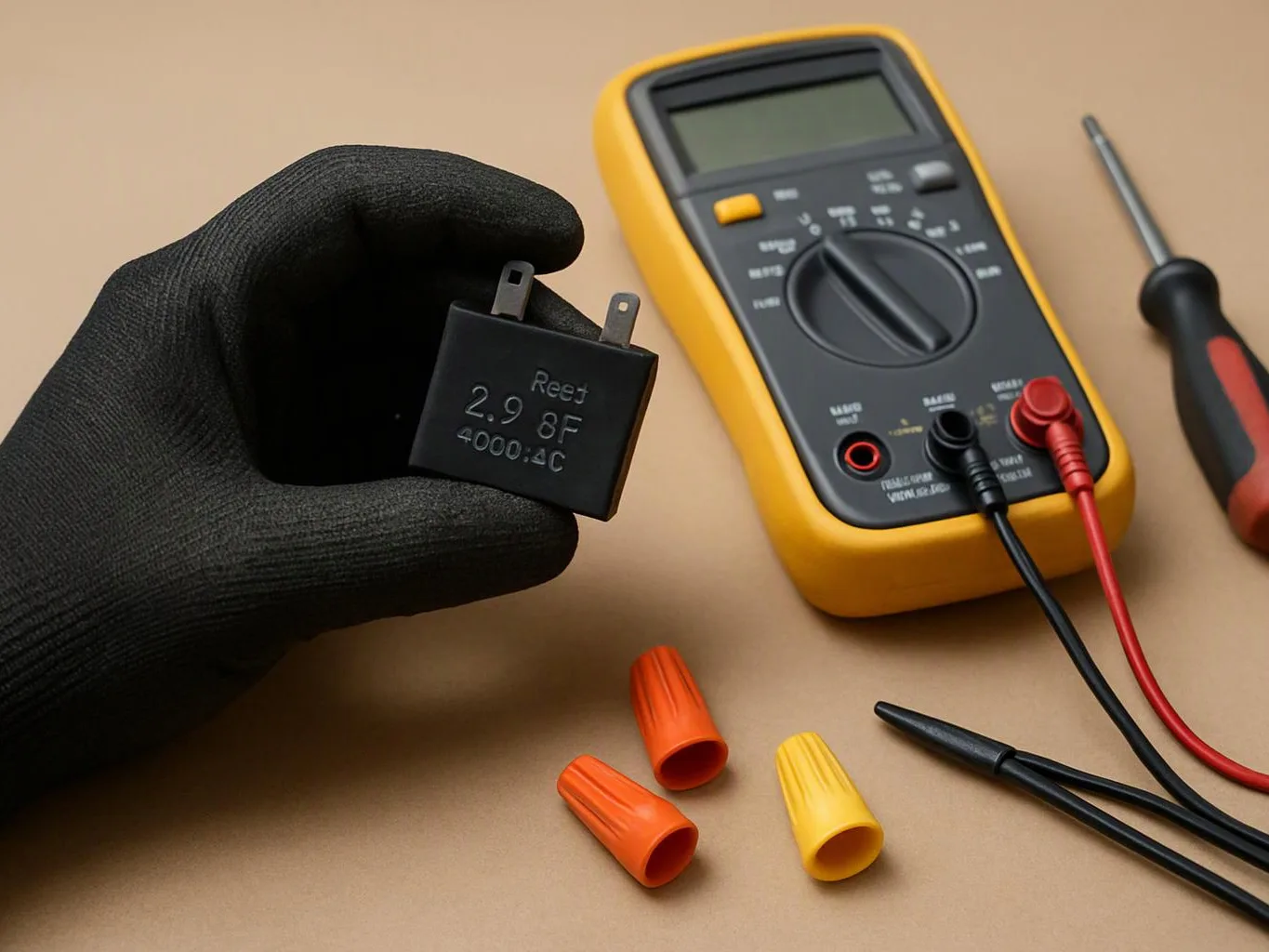 A gloved hand holds a black electrical capacitor beside a digital multimeter, probes, a screwdriver