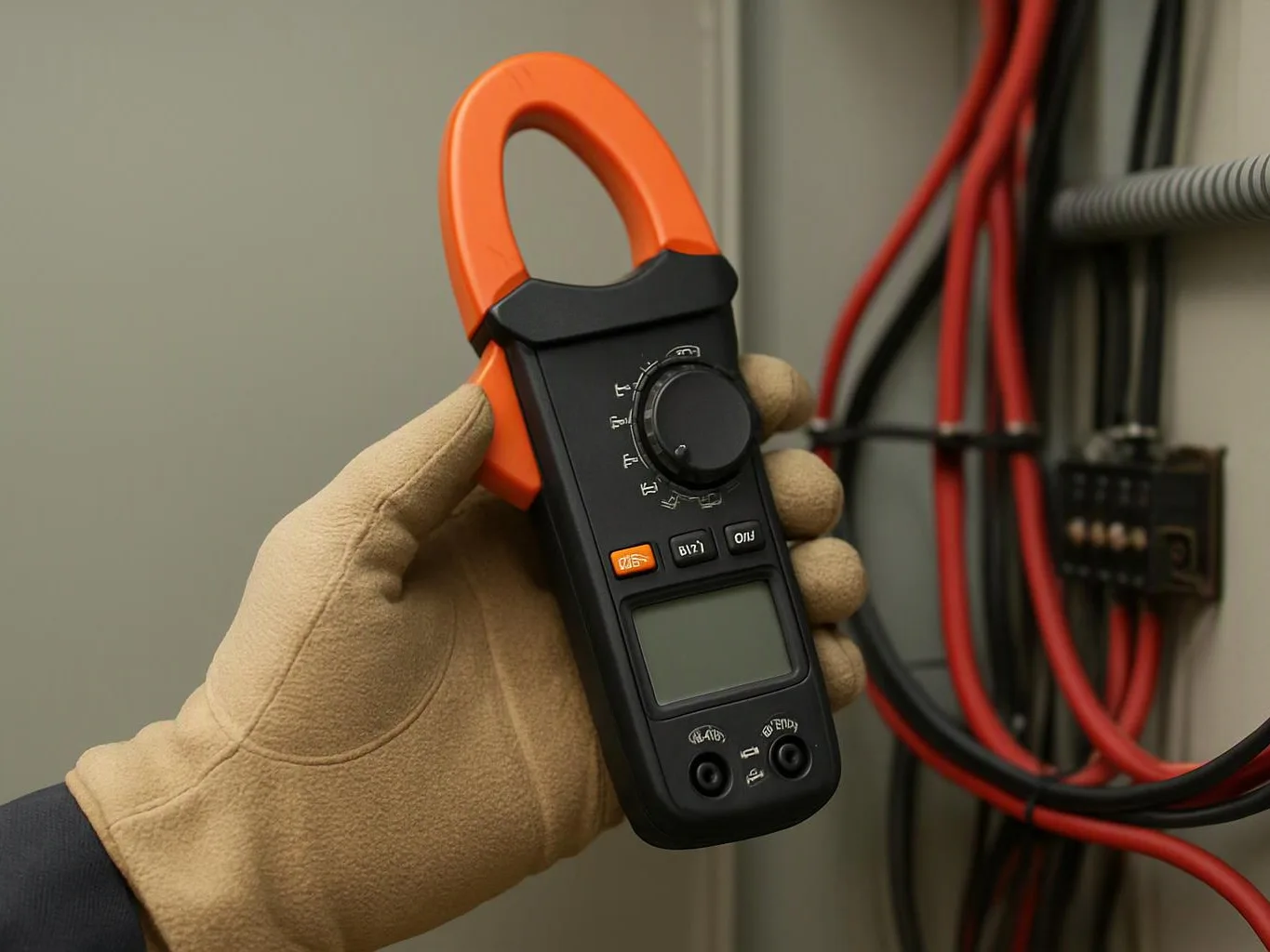 A gloved hand holds a clamp meter beside red electrical wires in a panel box