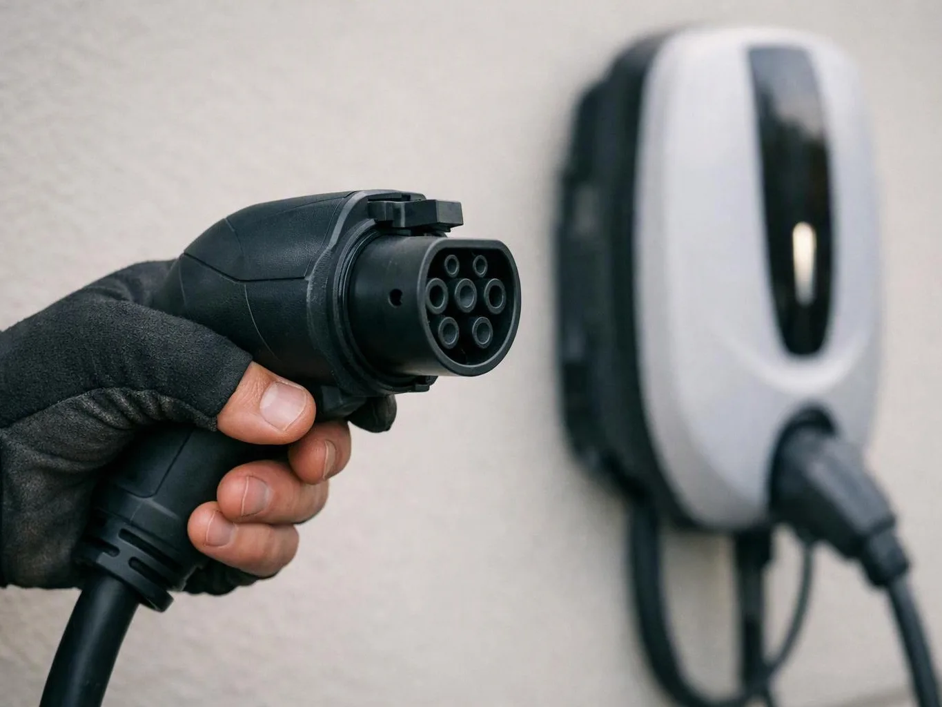 Gloved hand holds an electric car charging plug near a wall-mounted charger indoors