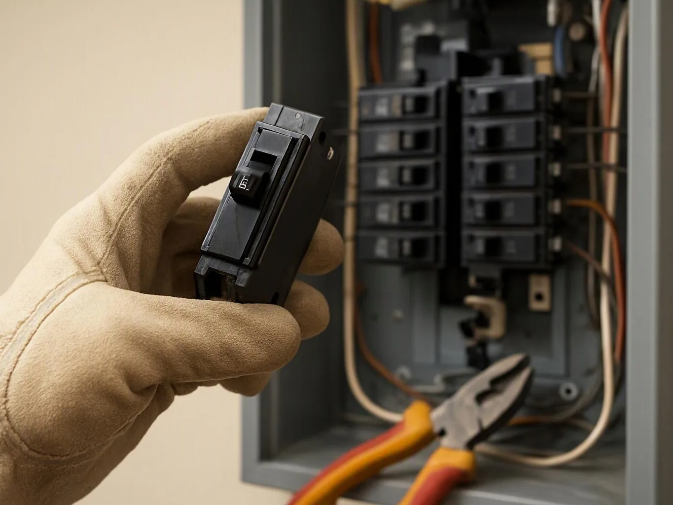 A gloved hand holds an electrical breaker in front of an open circuit panel with wires and pliers