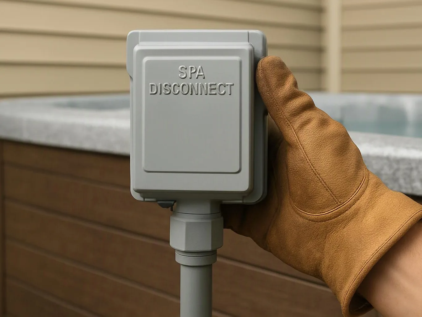 A gloved hand holds a gray spa disconnect box beside an outdoor hot tub