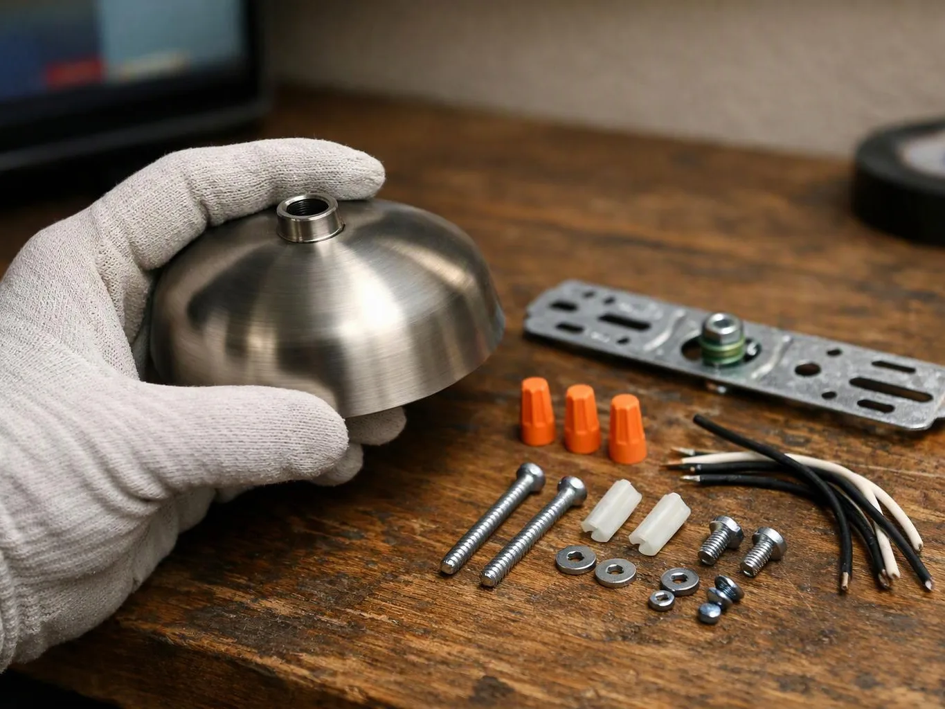 A gloved hand holds a metal lamp canopy beside screws, wire nuts, and loose wires on a wooden workbench