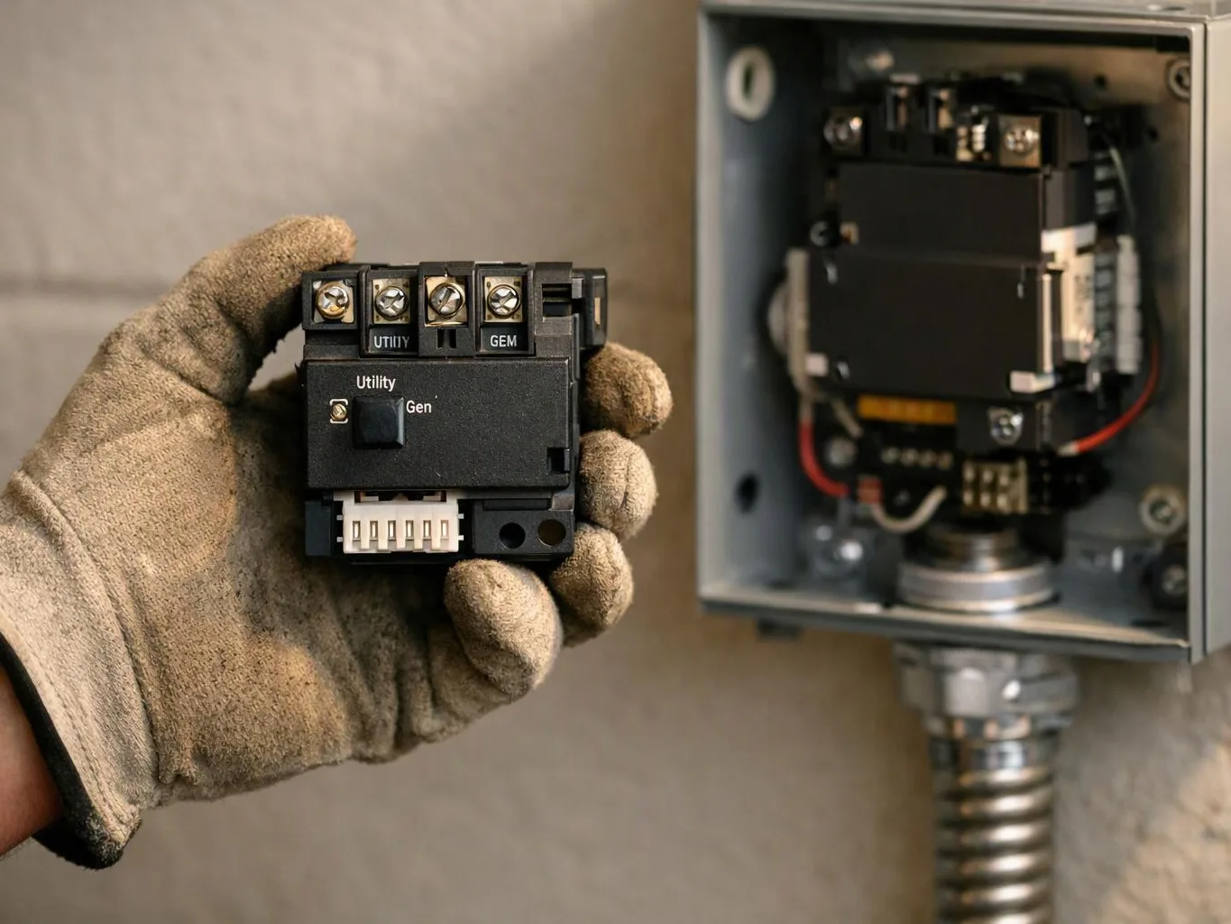 A gloved hand holds a small electrical switch module beside an open metal control box with wiring and components
