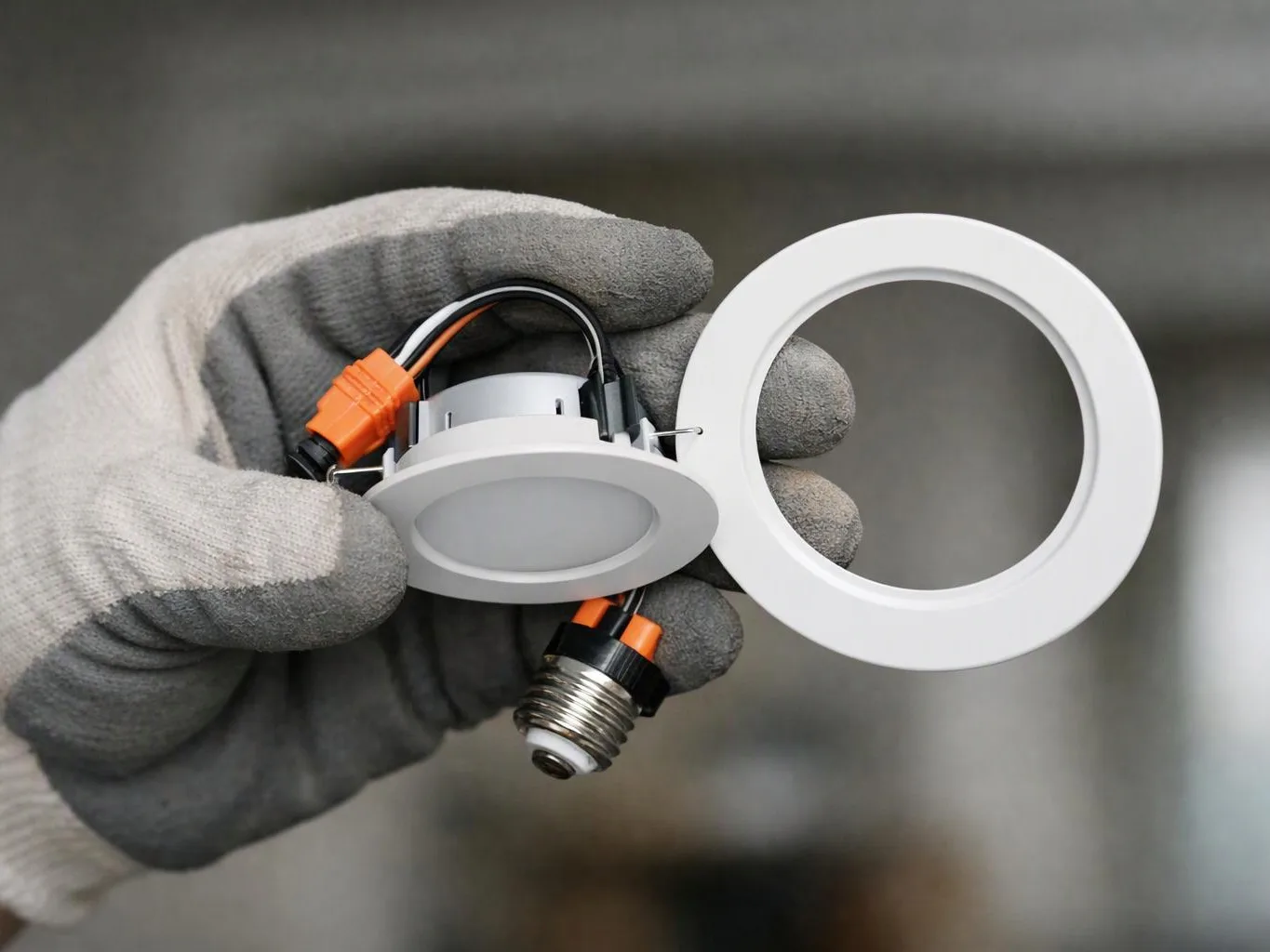 A gloved hand holds a small white recessed light fixture and its round trim ring against a blurred gray background