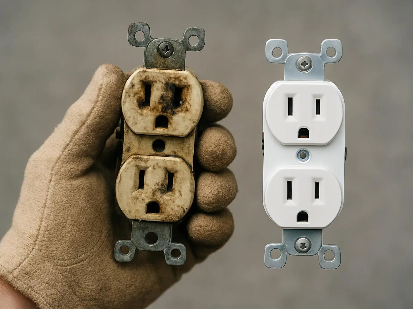 A gloved hand holds a stained, worn electrical outlet beside a clean white replacement outlet on a gray background