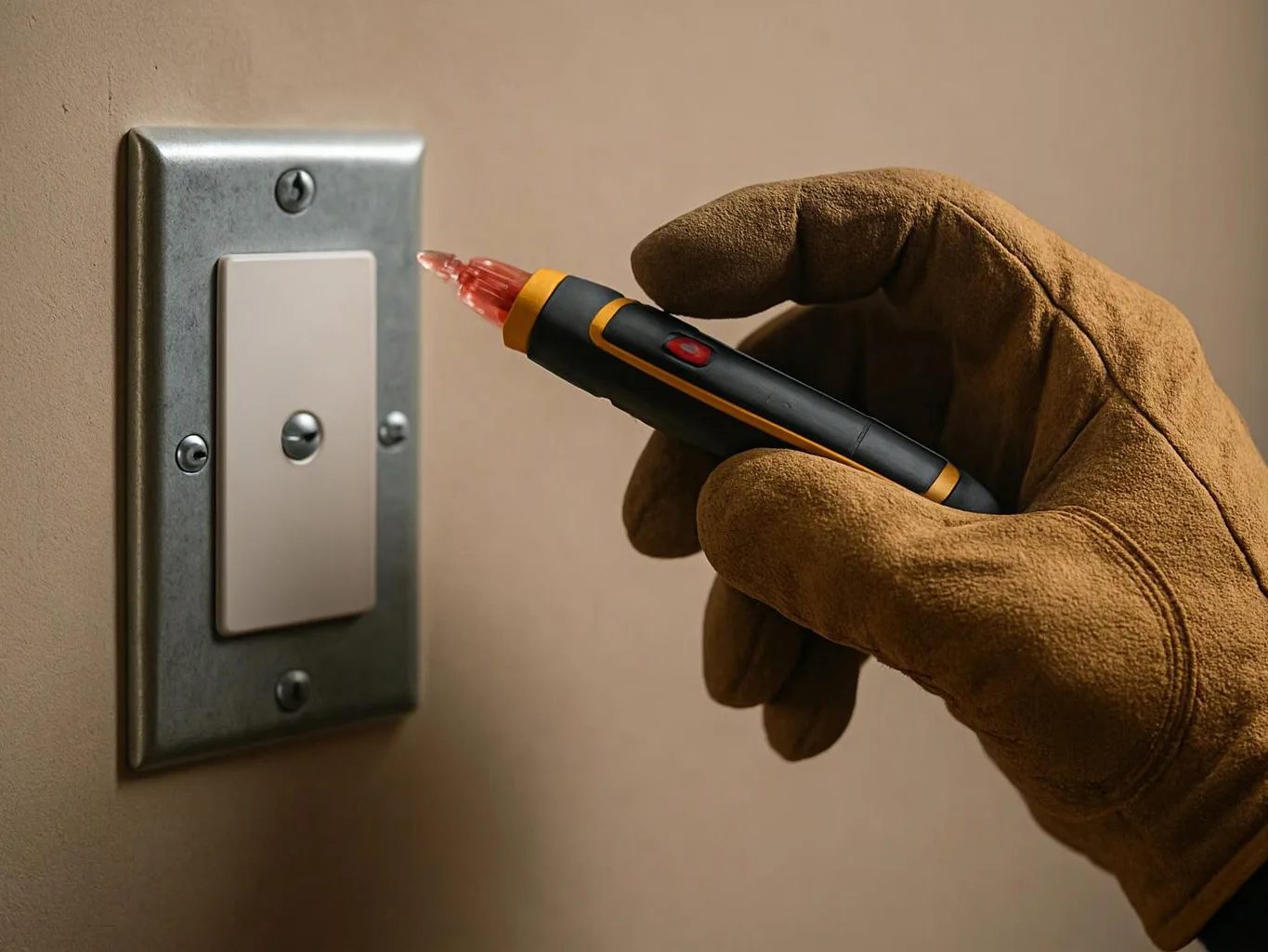 A gloved hand holds a voltage tester near a wall light switch on a beige wall