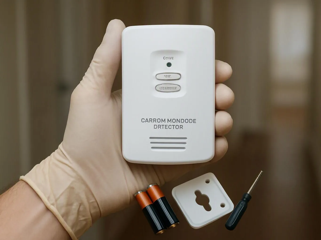 A gloved hand holds a white carbon monoxide detector with batteries, a wall mount, and a small screwdriver below it