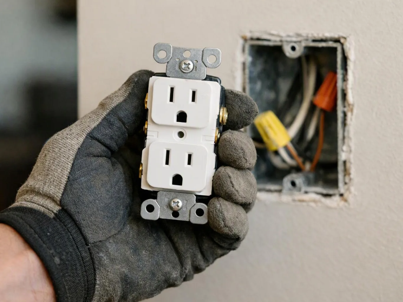 A gloved hand holds a white electrical outlet beside an open wall box with exposed wires