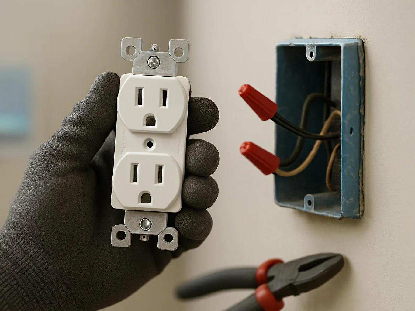 Gloved hand holds a white electrical outlet beside an open wall box with wire nuts and pliers below
