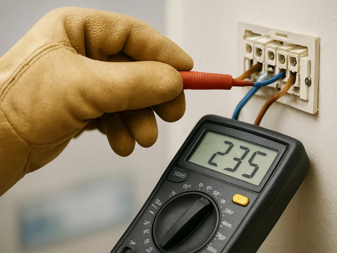 A gloved hand tests wall wiring with a probe while a digital multimeter displays 235 against a plain wall