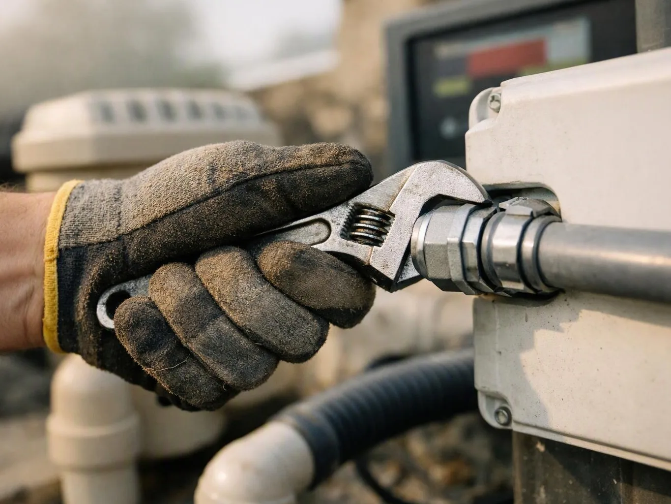 A gloved hand tightens a wrench on a metal pipe fitting beside an outdoor machine