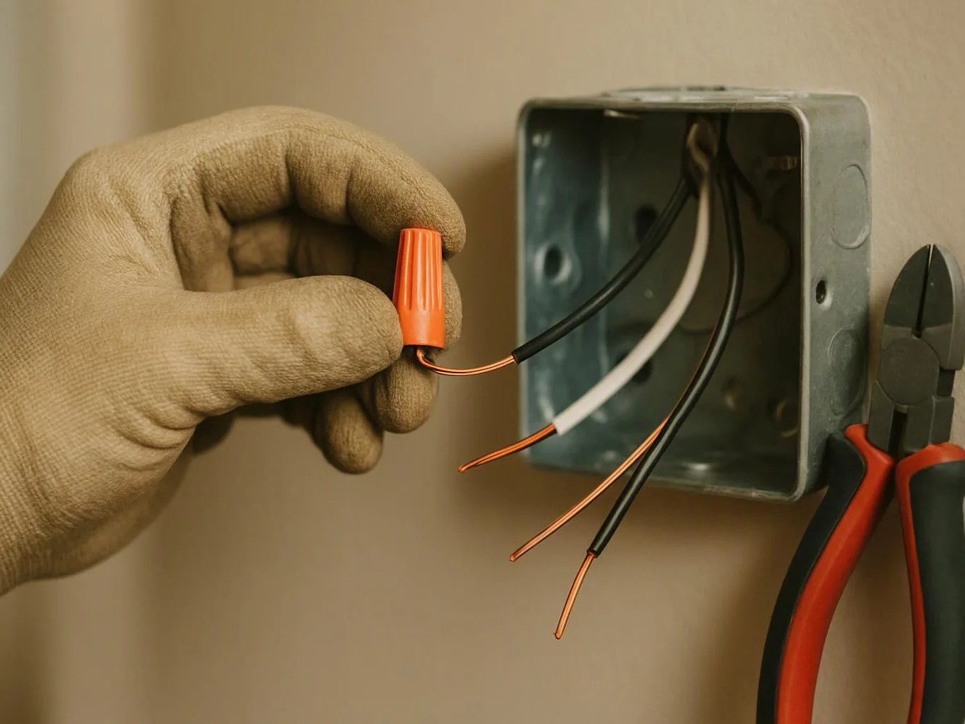 A gloved hand twists an orange wire connector beside an open electrical box and pliers on a wall