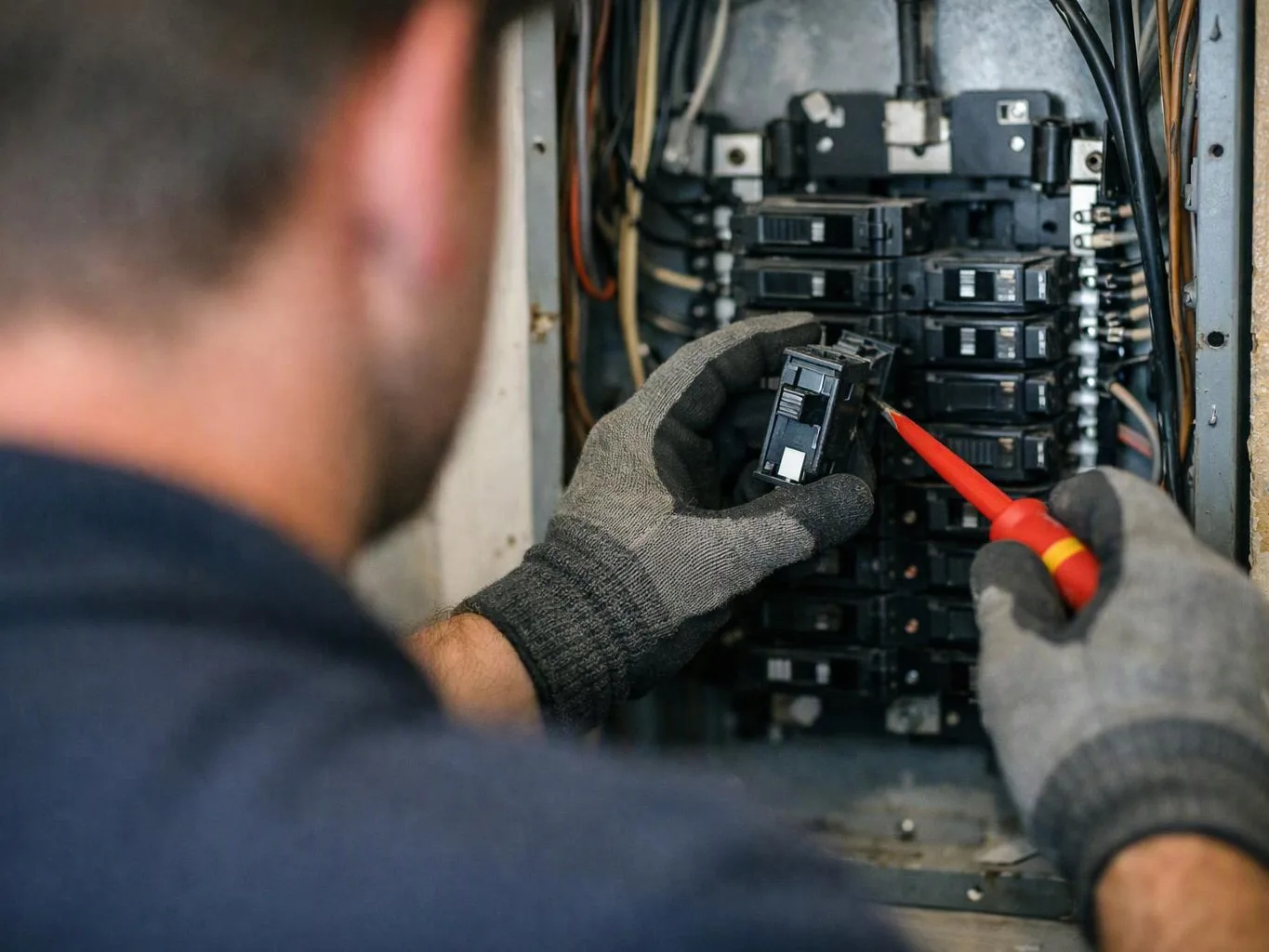 Gloved hands inspect an electrical breaker panel with a red screwdriver in a cramped utility space