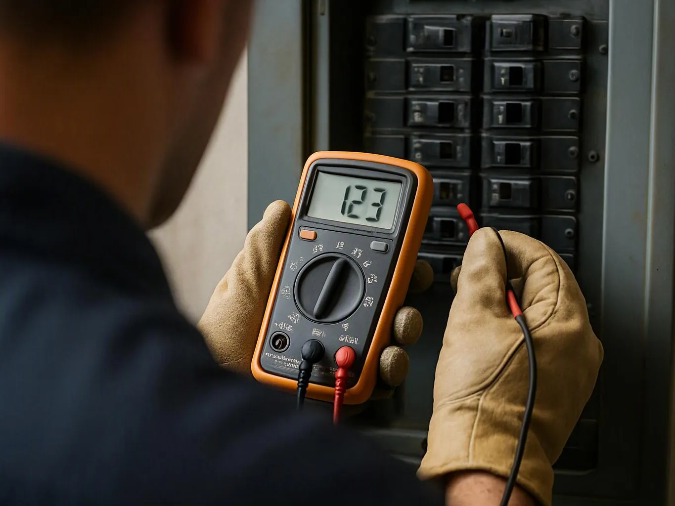 A gloved worker tests an electrical breaker panel with a digital multimeter, showing 123 on the display