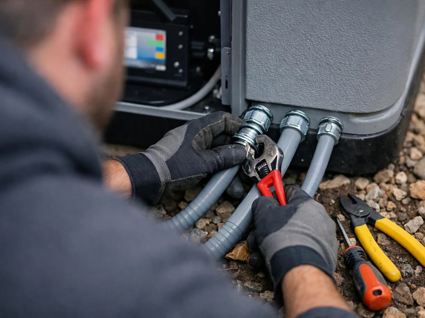 A gloved worker tightens a cable fitting on an outdoor electrical box beside gray conduits and hand tools