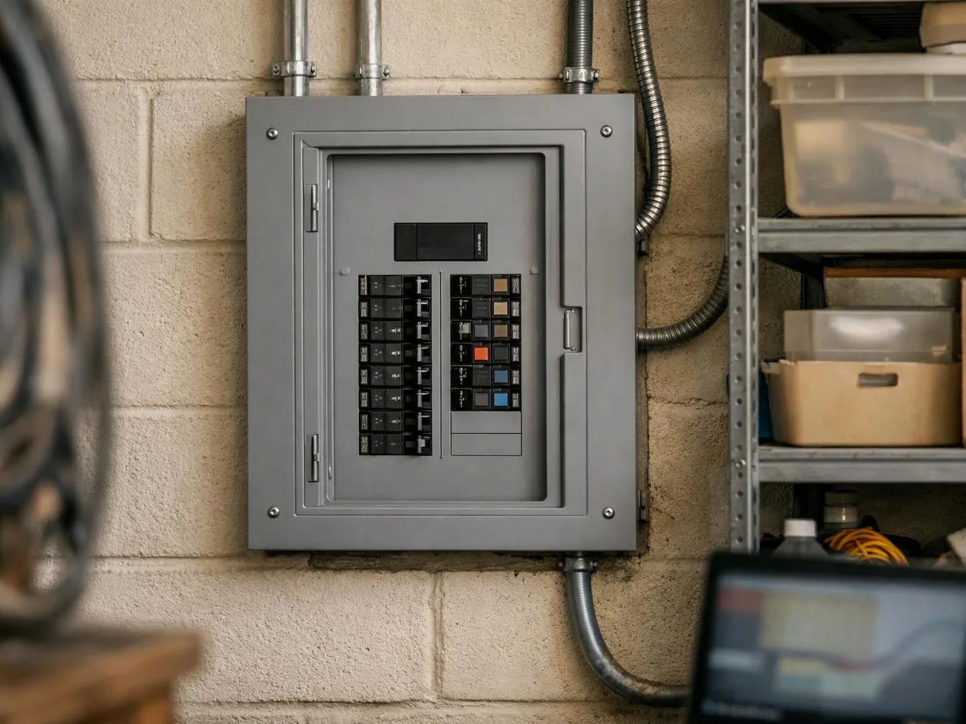 Gray electrical breaker panel mounted on a cinder block wall beside metal shelving and storage bins