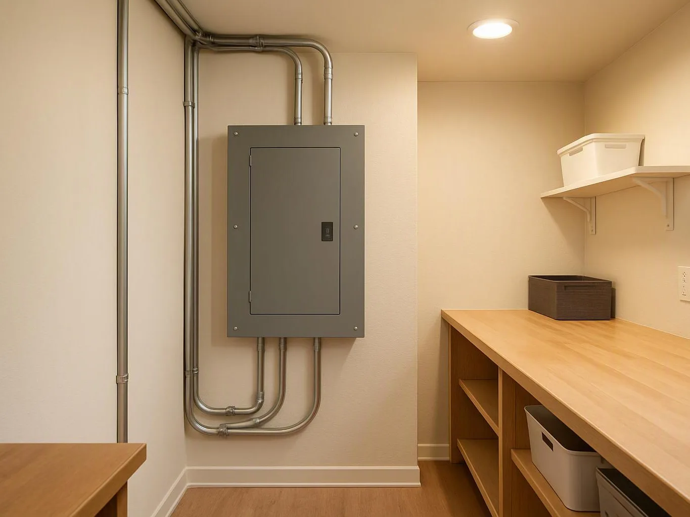 A gray electrical panel with metal conduit sits between wooden counters in a small utility room