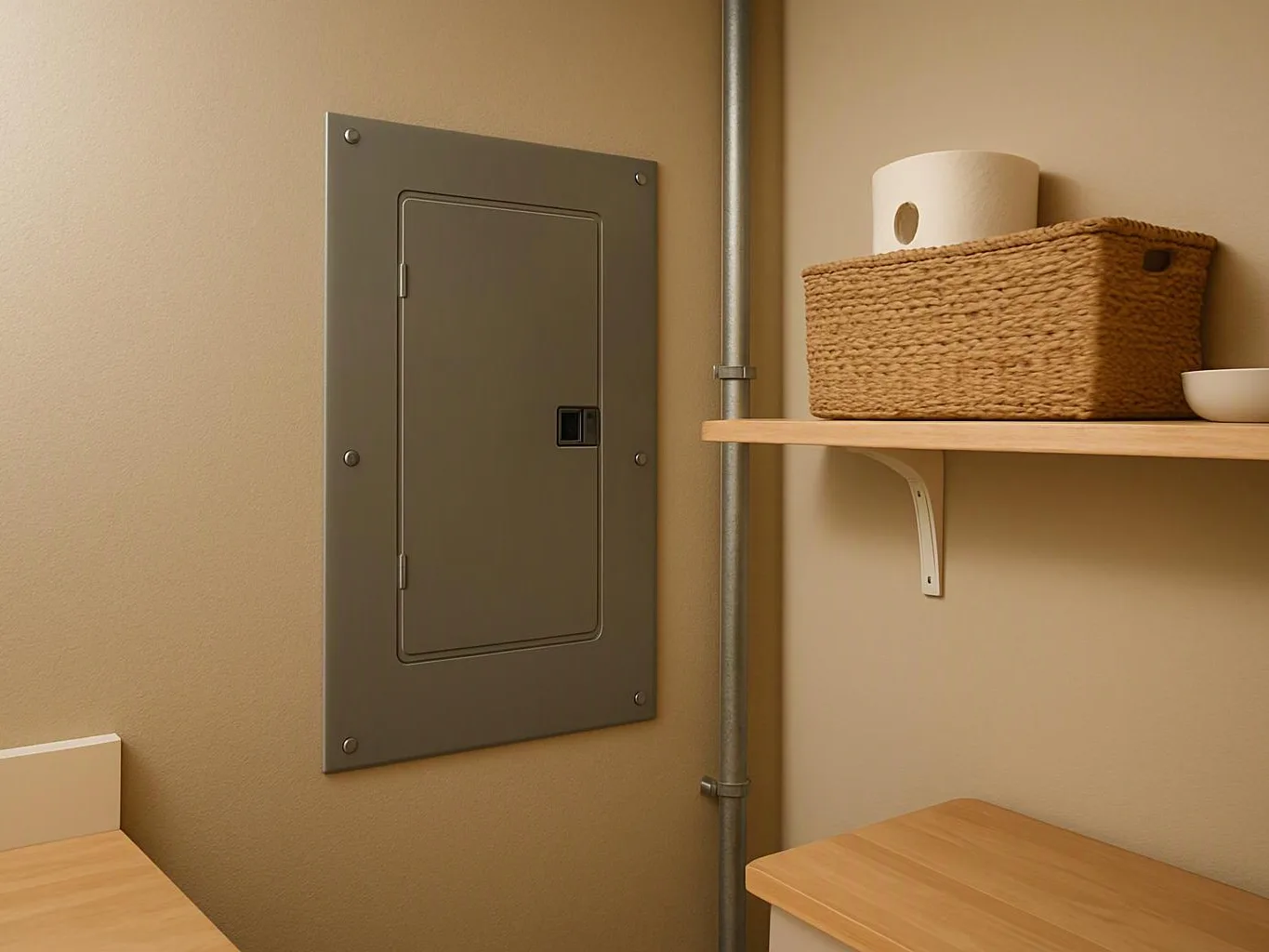 A gray electrical panel sits on a beige wall beside a metal pipe, with shelves and woven baskets nearby