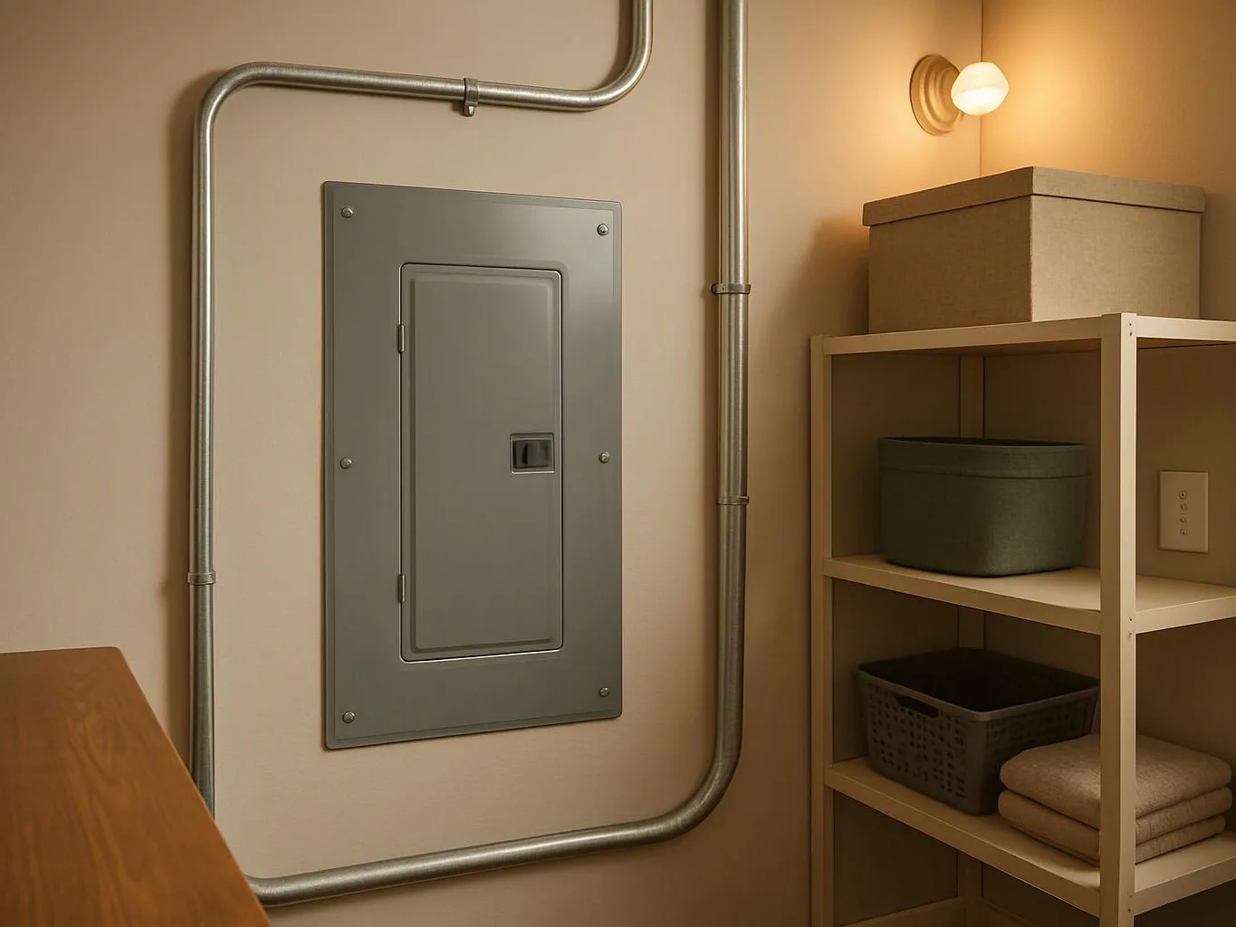 A gray electrical panel sits on a beige wall beside metal conduit and a shelf with storage boxes