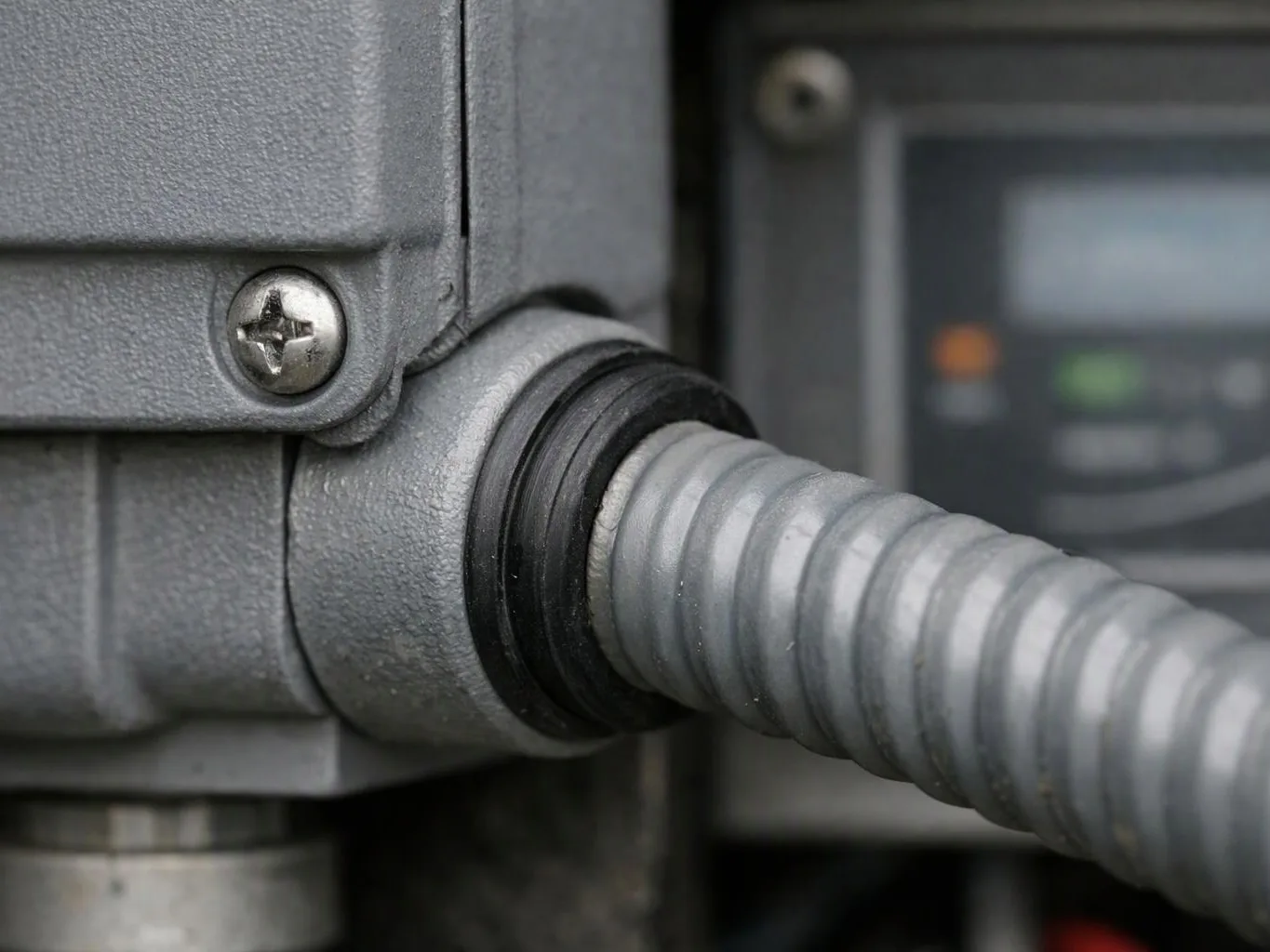 A gray metal machine housing shows a ribbed conduit plugged into a black ring beside a screw
