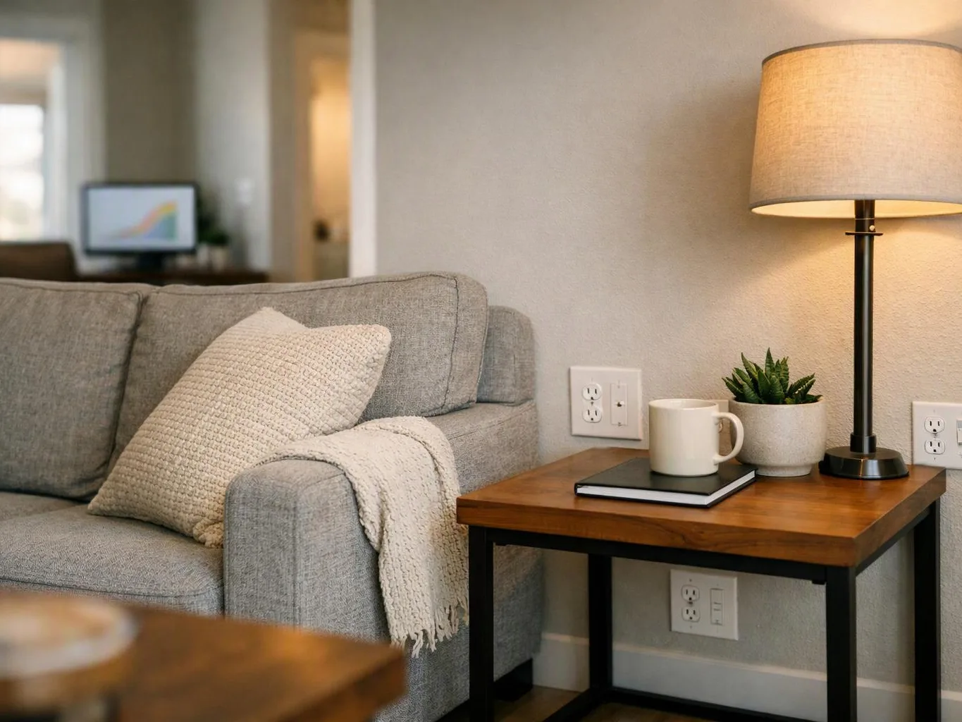 A gray sofa with pillows and a throw sits beside a lamp-lit side table with a mug and plant