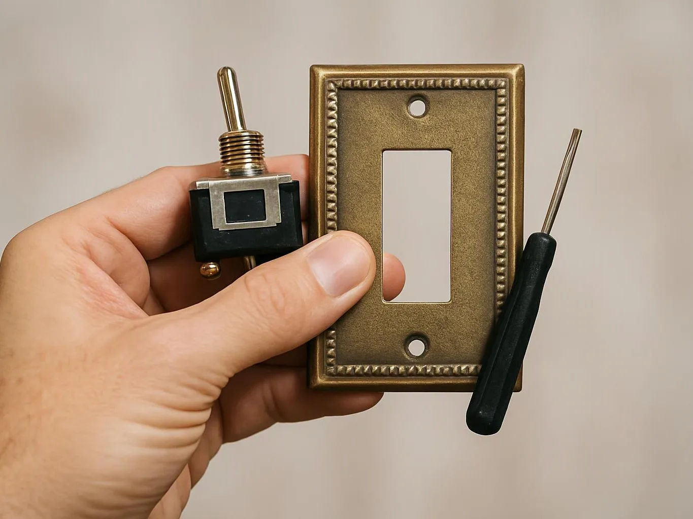 A hand holds a brass light switch plate, a toggle switch, and a small screwdriver against a plain background