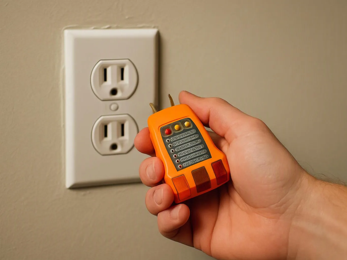 A hand holds an orange outlet tester beside a white wall electrical socket