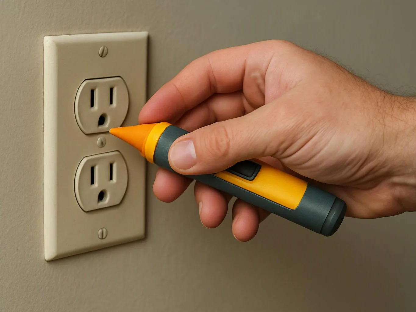 A hand holds a voltage tester near a wall outlet on a plain beige wall