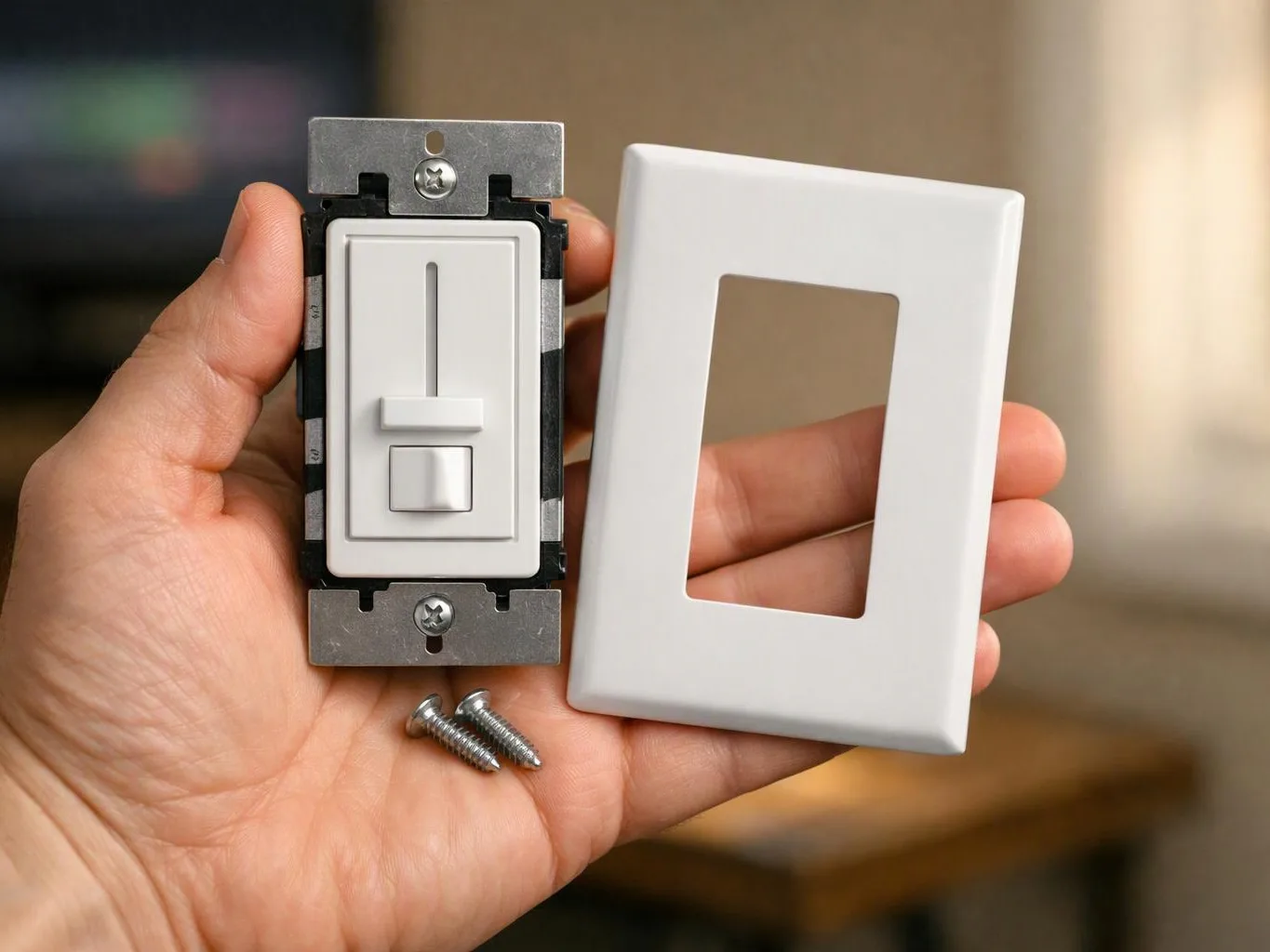 A hand holds a white dimmer switch and matching wall plate with two small screws against a blurred indoor background
