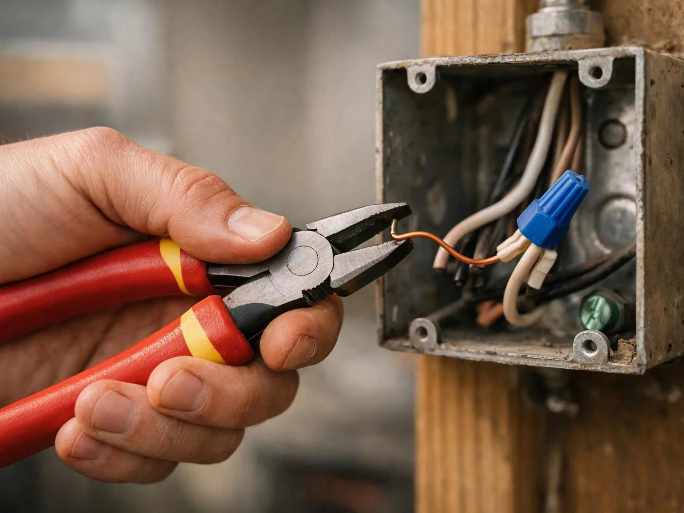 A hand uses pliers to cut a copper wire inside an open electrical junction box