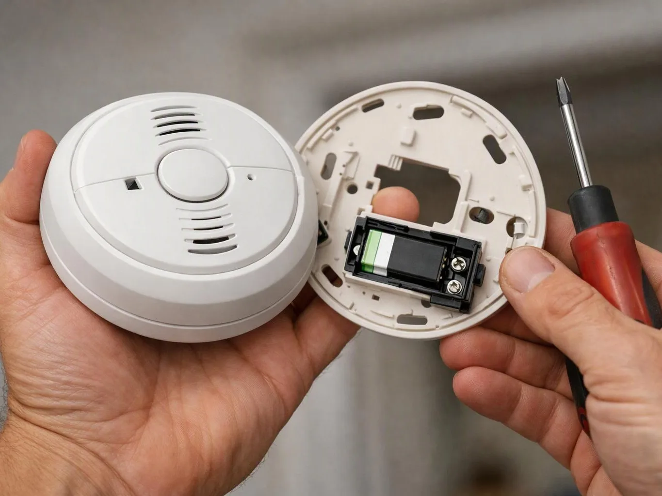 Hands hold a round smoke detector opened beside its mounting base, with a screwdriver nearby