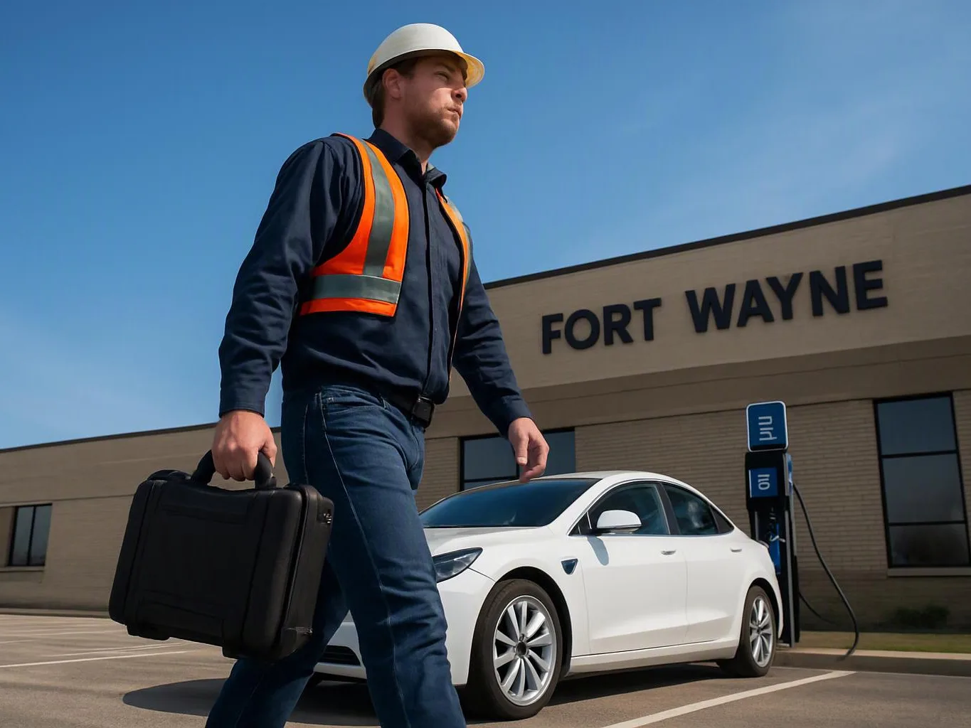 A hard hat worker carries a briefcase past a white sedan near a charging station and building sign