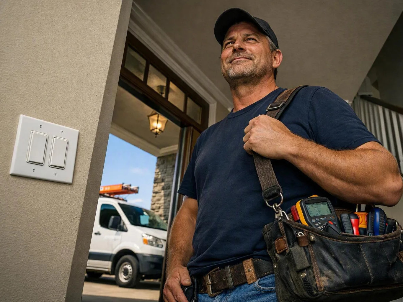 Smiling handyman stands at a doorway with a tool pouch as a work van waits outside