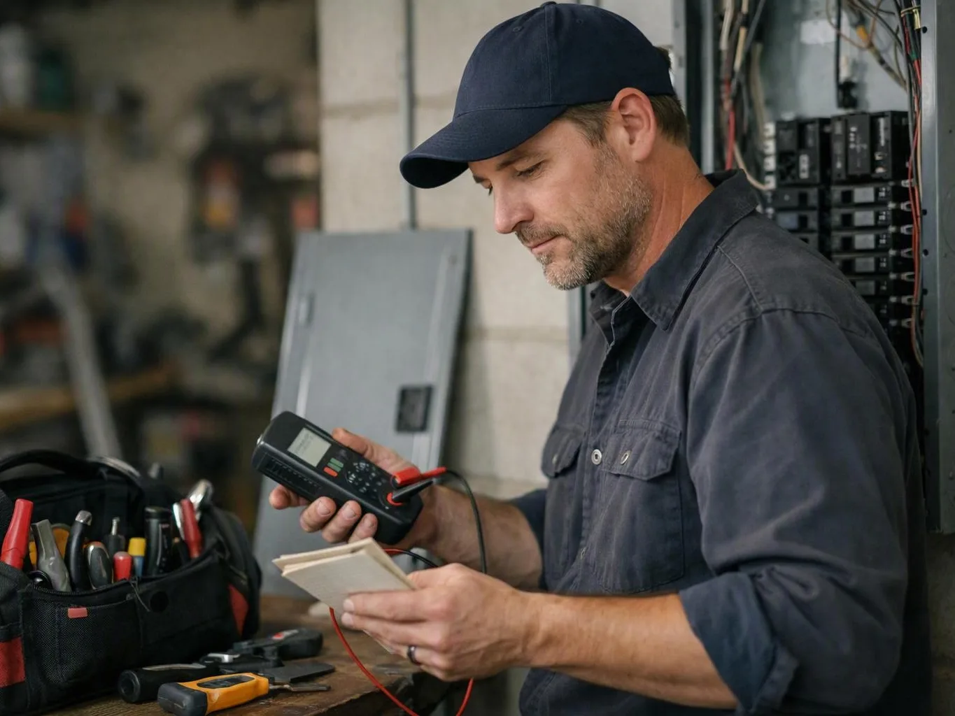 Technician in a cap checks a handheld meter beside electrical panels and workshop tools