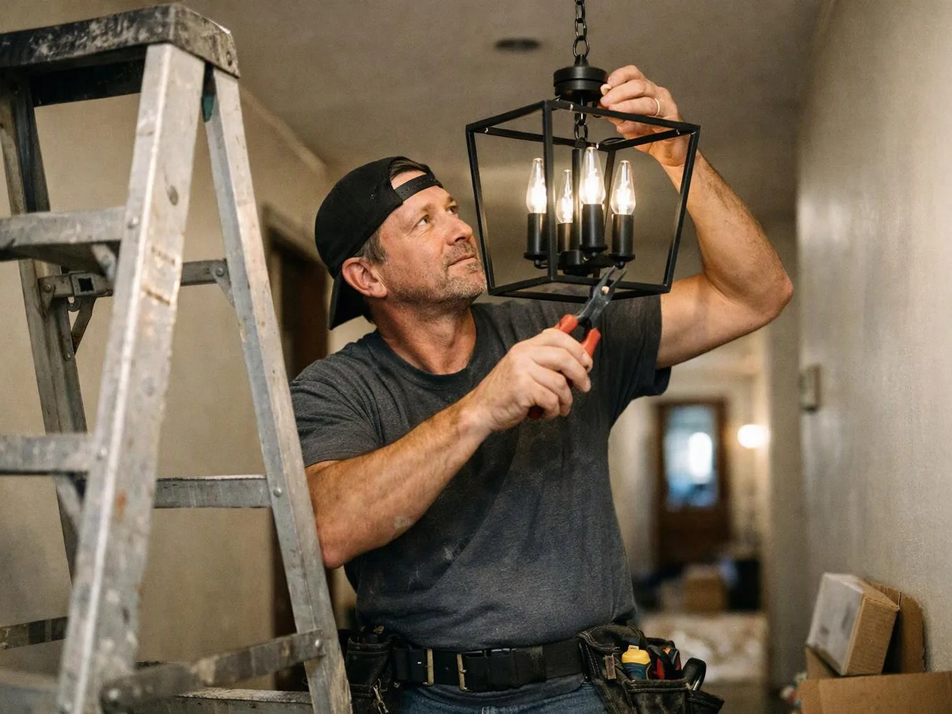 A man on a ladder installs a hanging light fixture in a hallway with tools on his belt