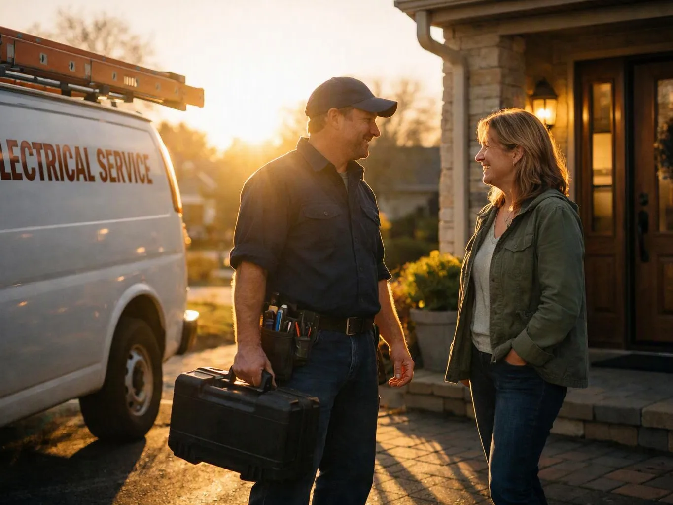 A technician with a toolbox talks to a smiling woman beside an electrical service van at sunset