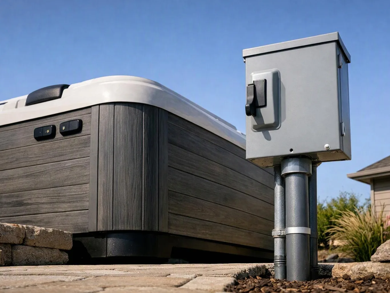 A hot tub sits beside a gray outdoor electrical control box under a clear blue sky