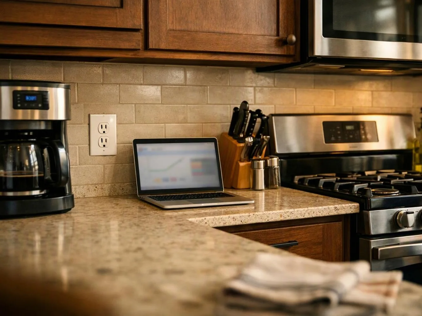 A kitchen counter holds a laptop, coffee maker, knife block, and gas stove under wooden cabinets