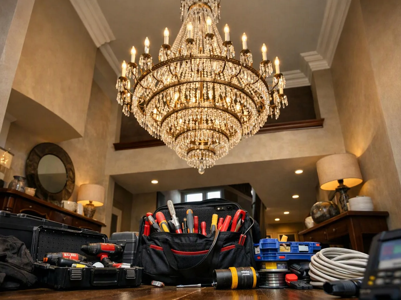 A large crystal chandelier hangs above a table crowded with tools and cables in a warm interior room