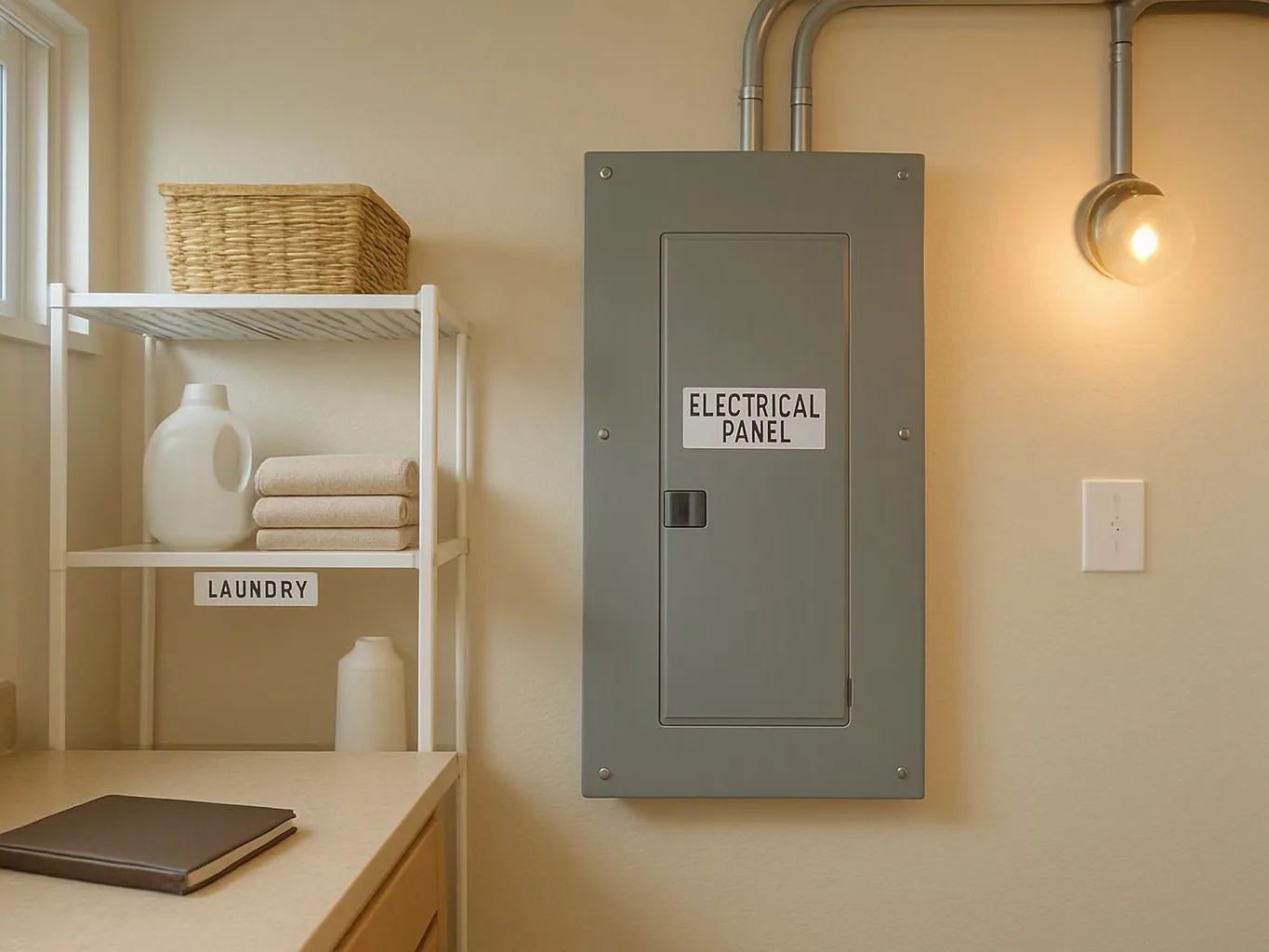 A laundry room wall shows an electrical panel beside shelves with folded towels, baskets, and a notebook