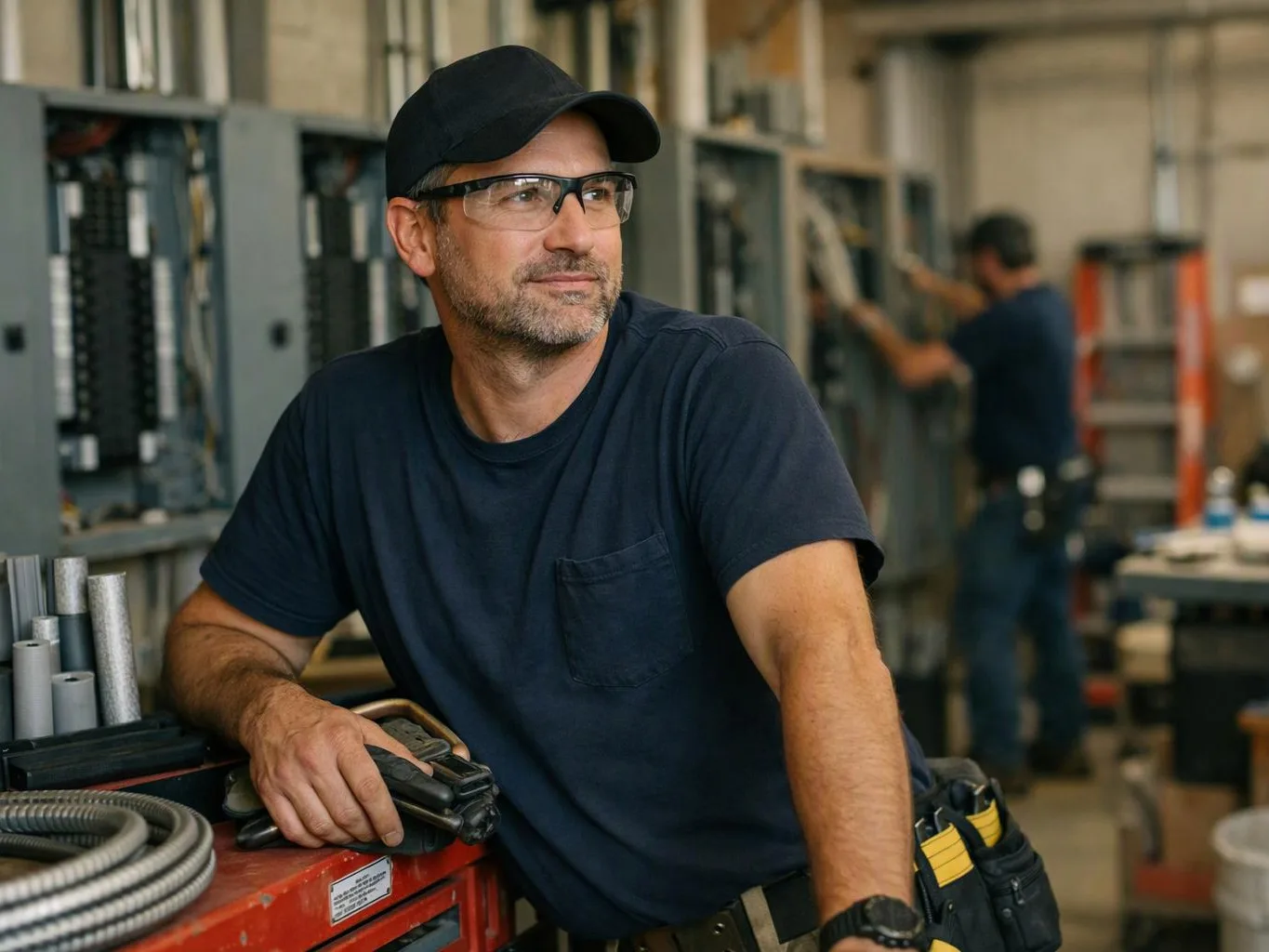 A man in a black cap and safety glasses leans on a red tool cart in a workshop, with another worker behind him