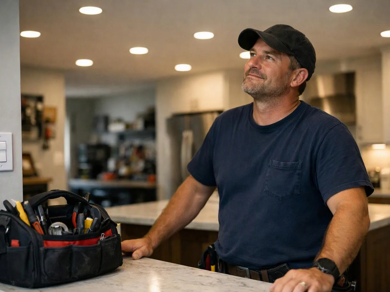 A man in a black cap stands at a kitchen counter beside a tool bag, looking upward