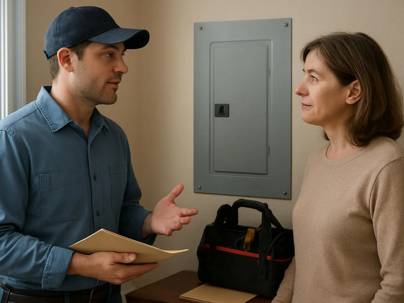 A man in a blue shirt and cap talks with a woman beside an electrical panel, holding papers indoors