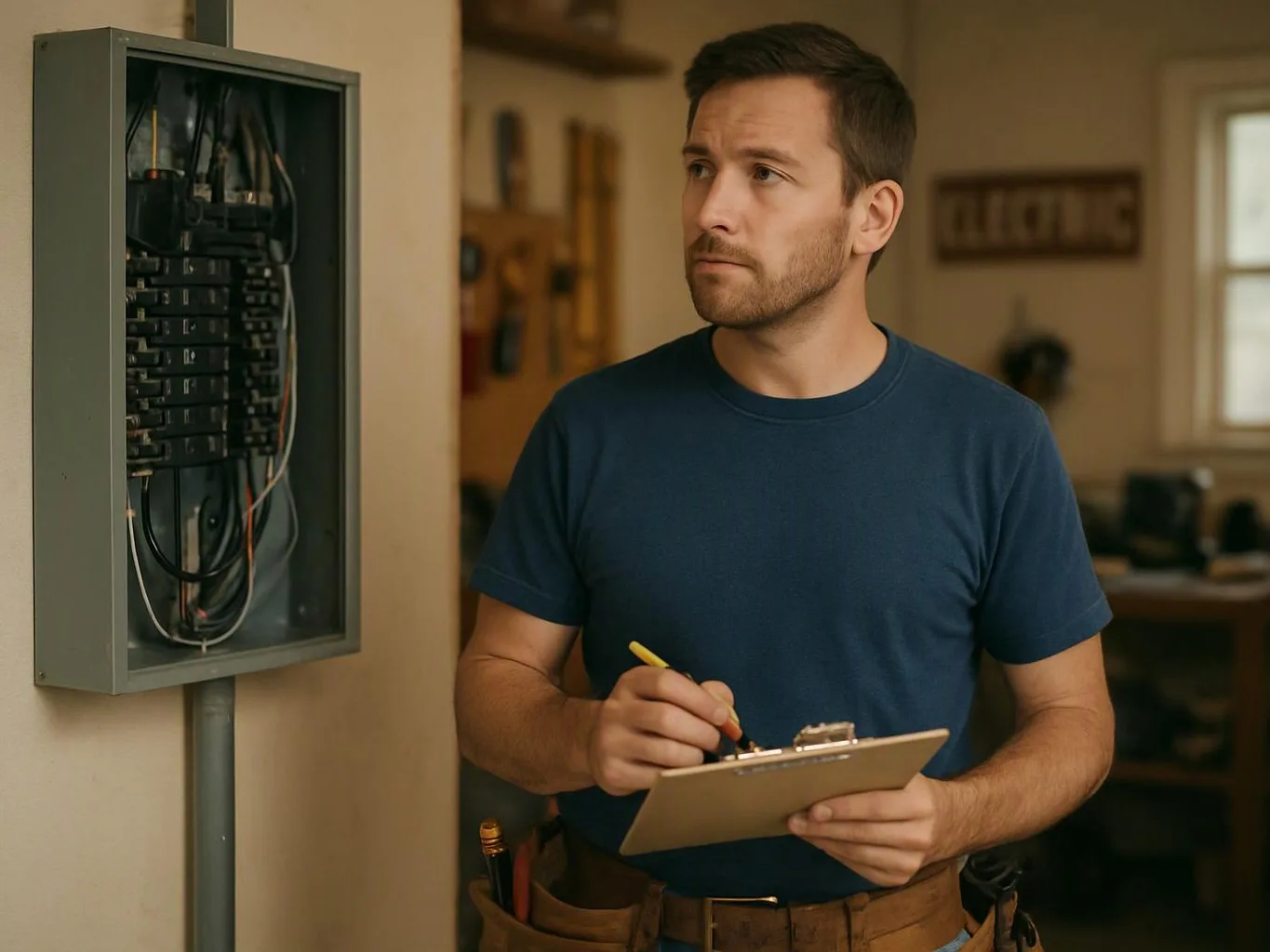 A man in a blue shirt writes on a clipboard beside an open electrical panel in a room