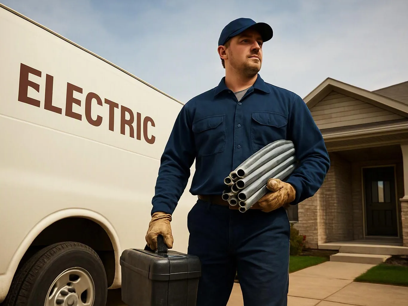 A man in a blue work uniform carries metal pipes and a toolbox beside an electric service van outside a house