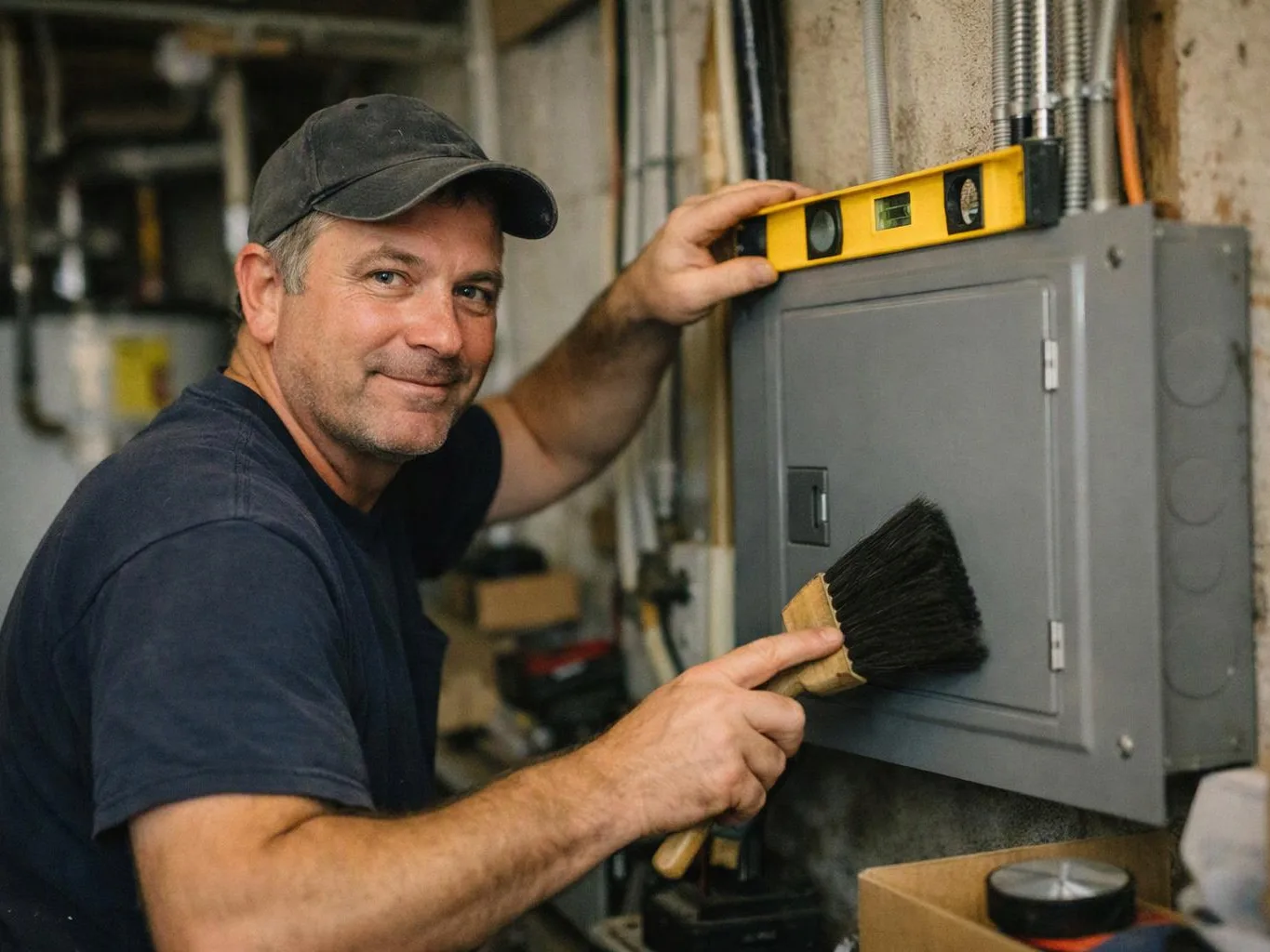 A man in a cap brushes a gray electrical panel in a workshop, using a level on top