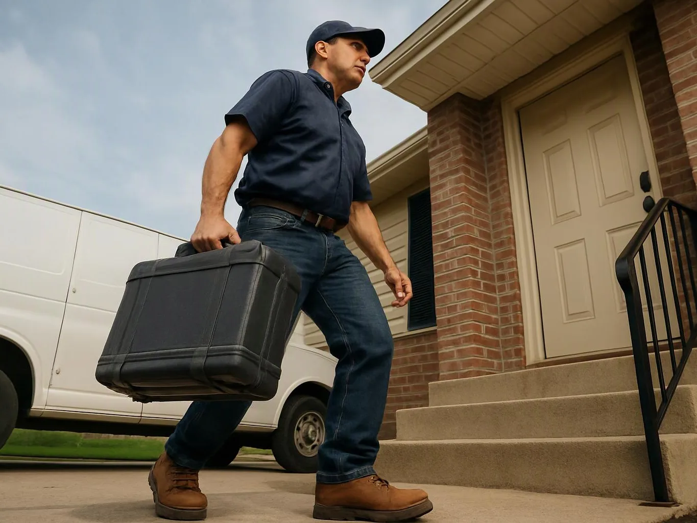 A man in a cap carries a black case toward a house with a white van parked beside it
