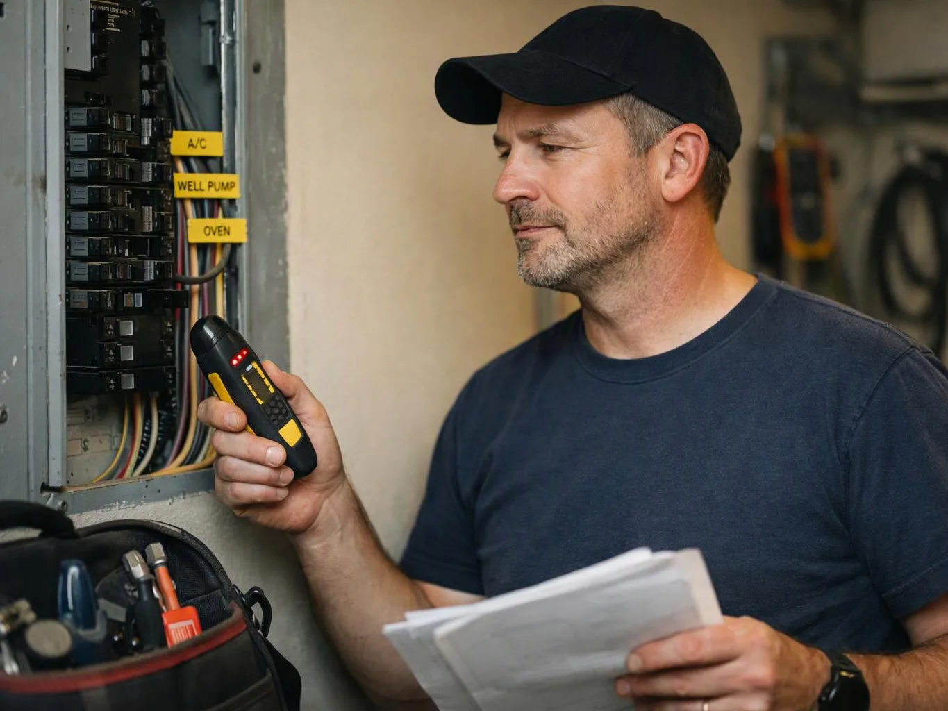 A man in a cap checks an electrical panel with a tester while holding papers in a utility room