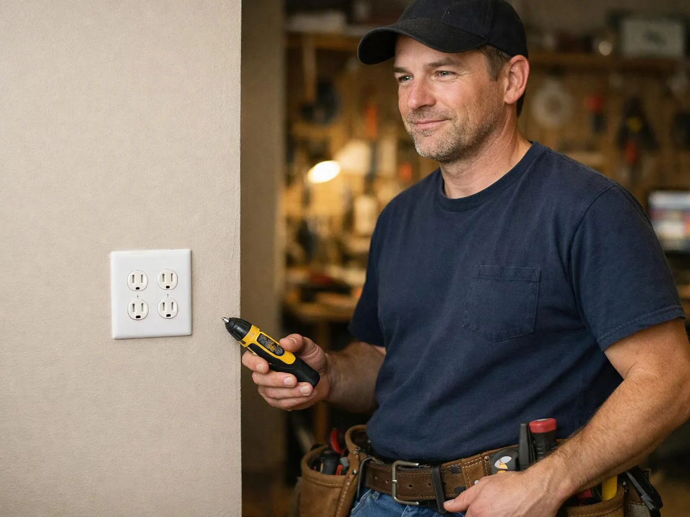 A man in a cap holds a cordless screwdriver beside a wall outlet in a workshop-like room