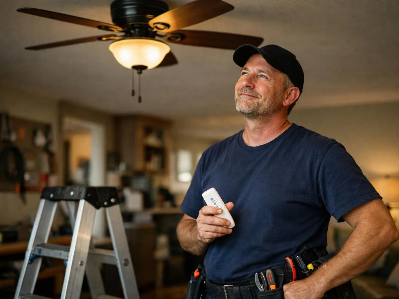 A man in a cap holds a remote and looks up at a ceiling fan beside a ladder in a living room